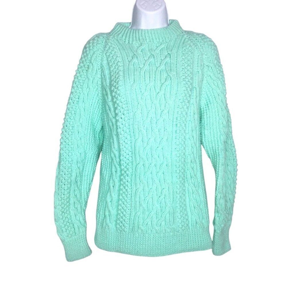 Womens Small Sweater Handmade Cable Knit Pullover Thick Mint Green NEW